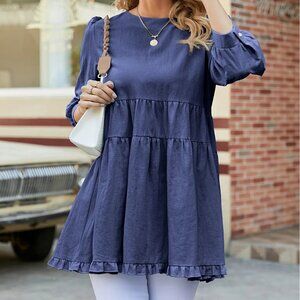 2/$45 Navy Blue Ruffle Hem Tunic Top 3/4 Long Sleeve Casual Loose Fit Blouse